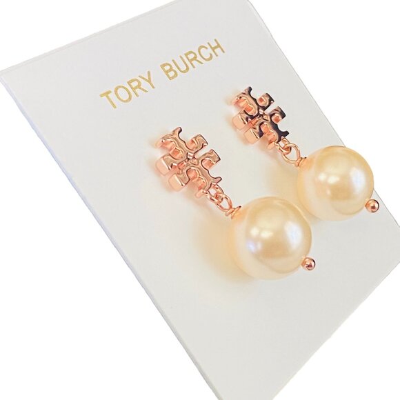 NEW Tory Burch Rose Gold T-Logo Swarovski Crystal Pearl Drop Earrings NWT $135 - Picture 4 of 5